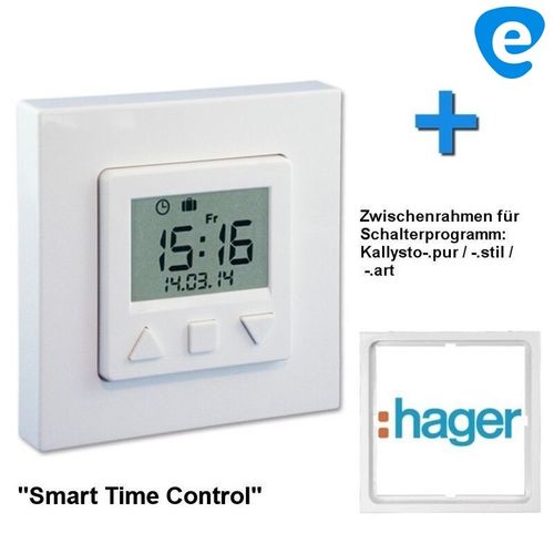 Vestamatic Smart Time Control Zeitschaltuhr + "HAGER" Kallysto-.pur/-.ar Zwischenrahmen, signalweiss